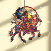 Native Warrior Horse Acrylic Suncatcher, Stained Glass Style Rider with Feather Headdress, Tribal Western Window Hanging Rustic Decor